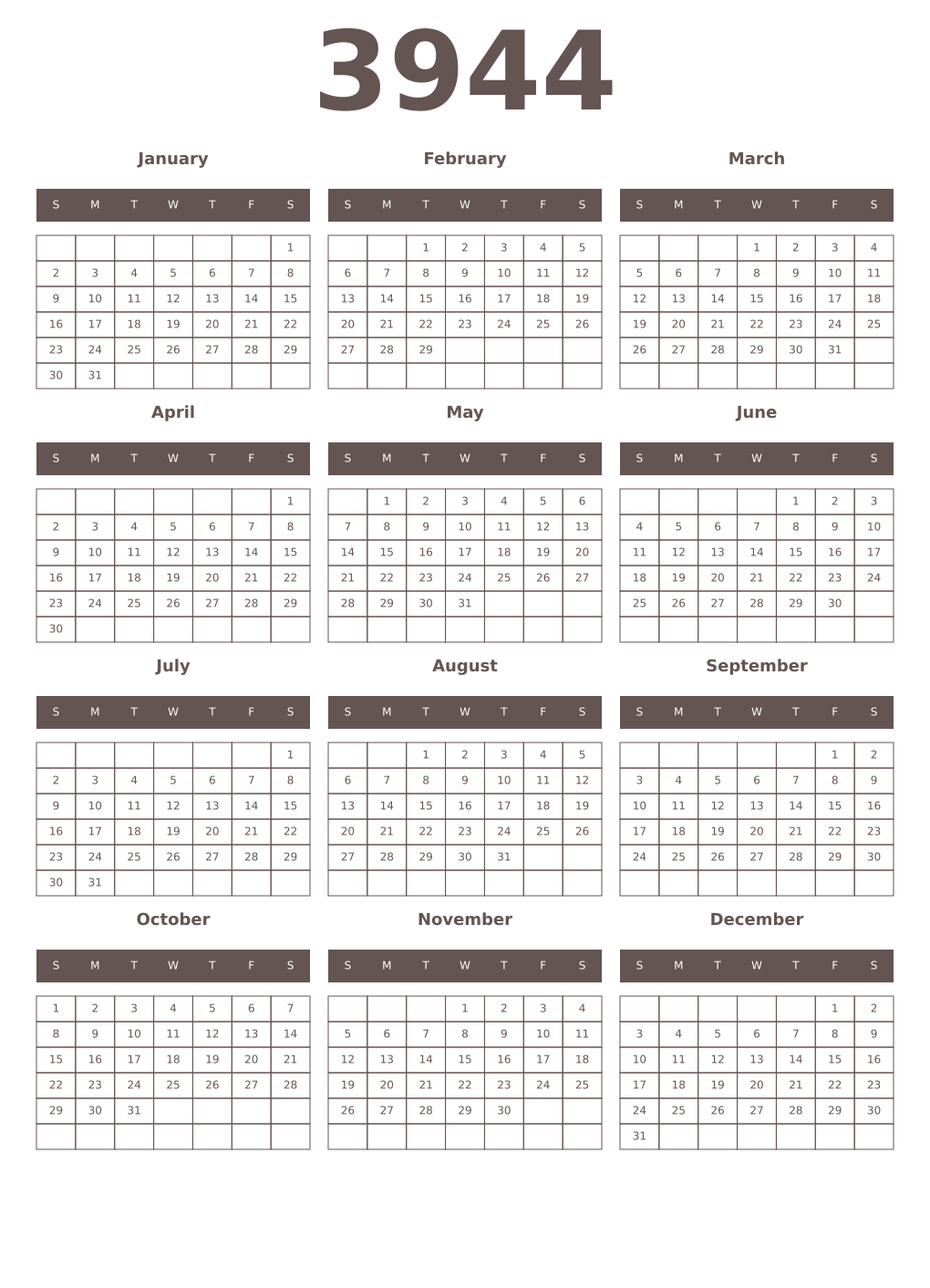 Printable 3944 Year Calendars wenge