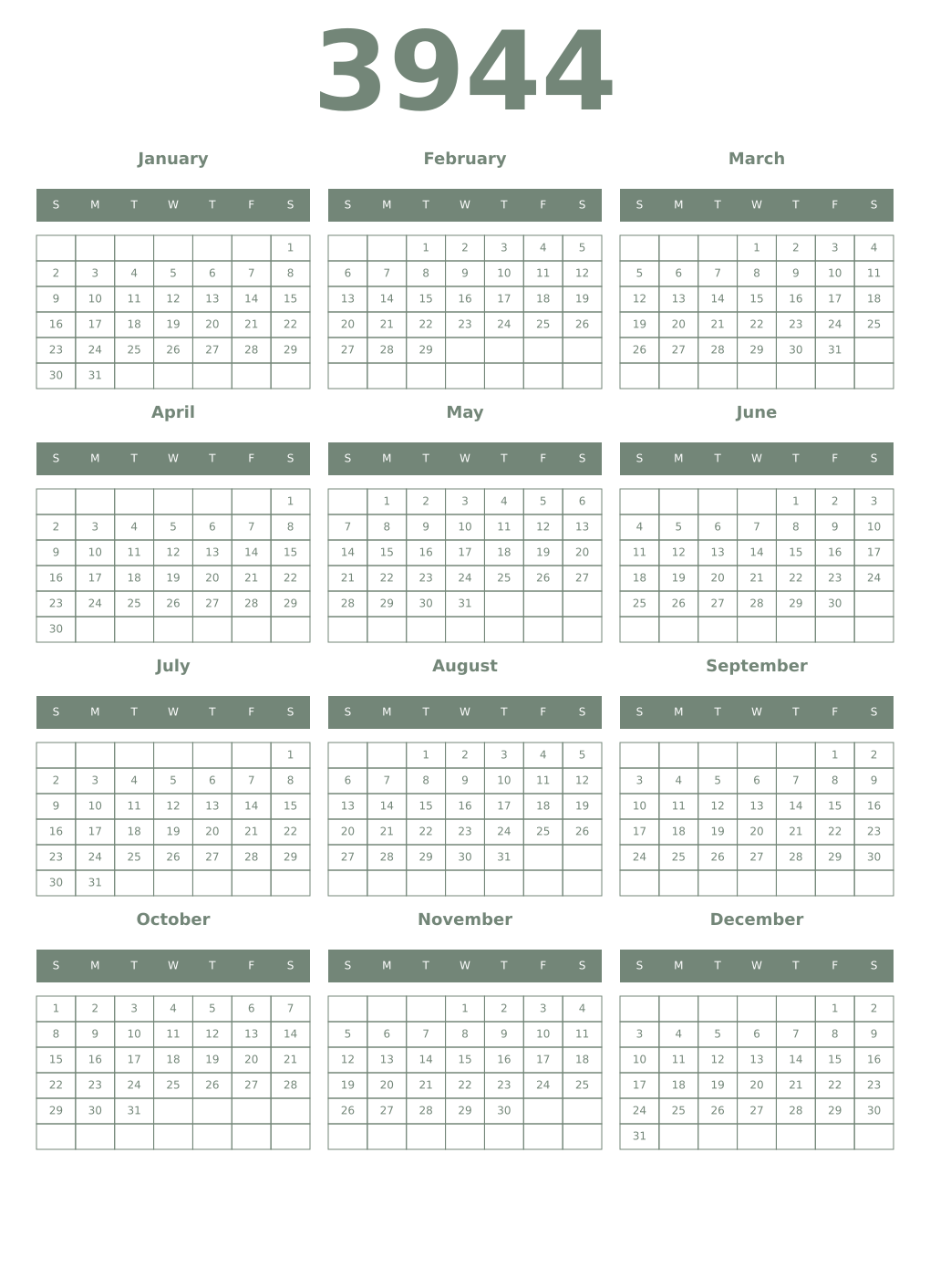 Printable 3944 Year Calendars xanadu