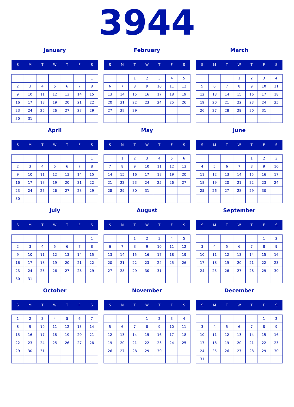 Printable 3944 Year Calendars zaffre