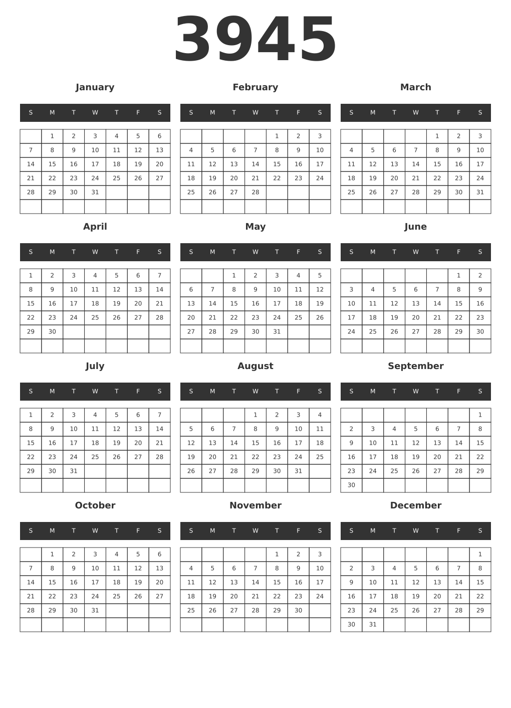 Printable 3945 Year Calendars dark
