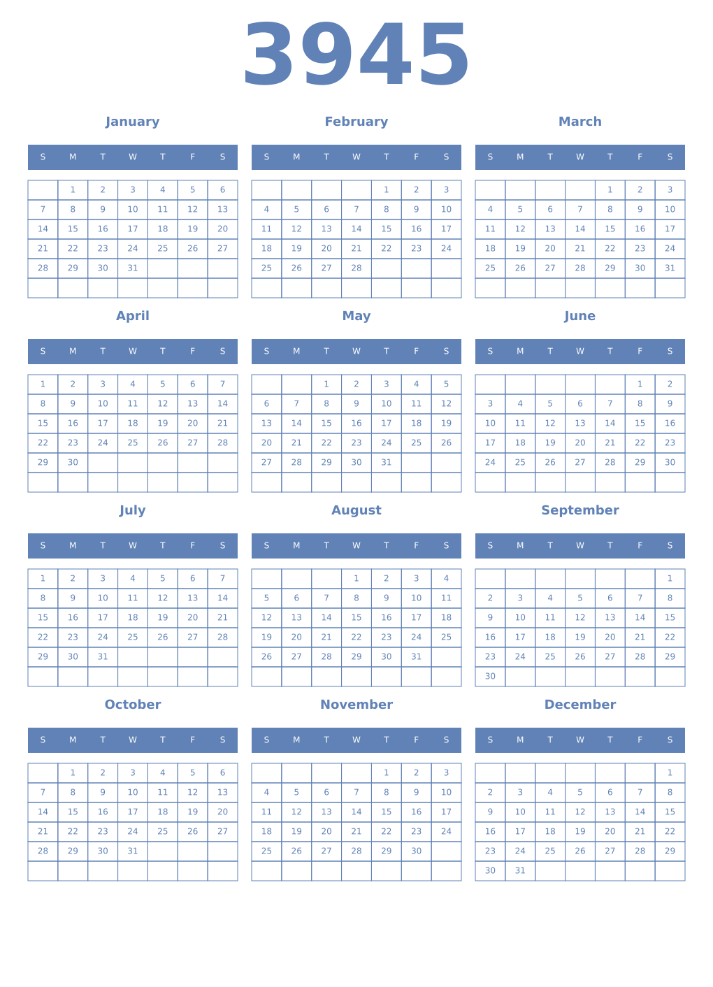 Printable 3945 Year Calendars glaucous