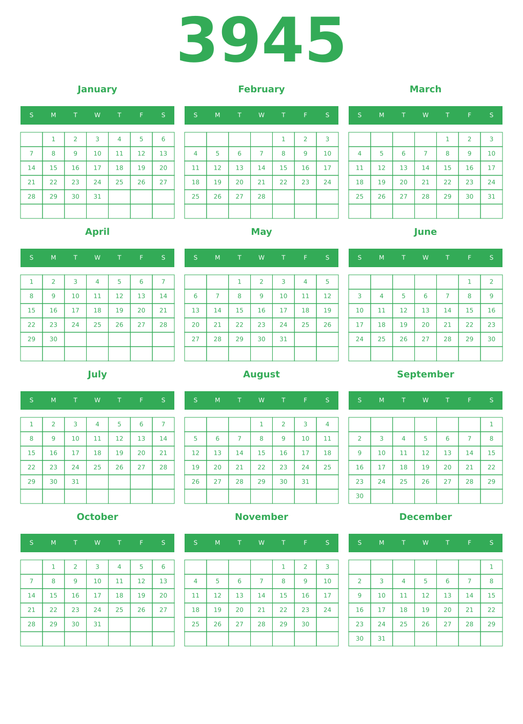 Printable 3945 Year Calendars green