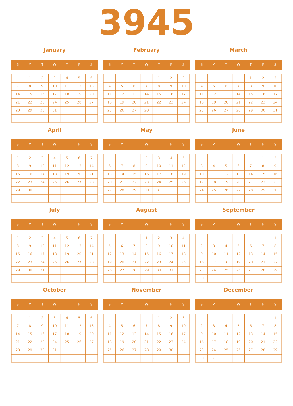 Printable 3945 Year Calendars orange