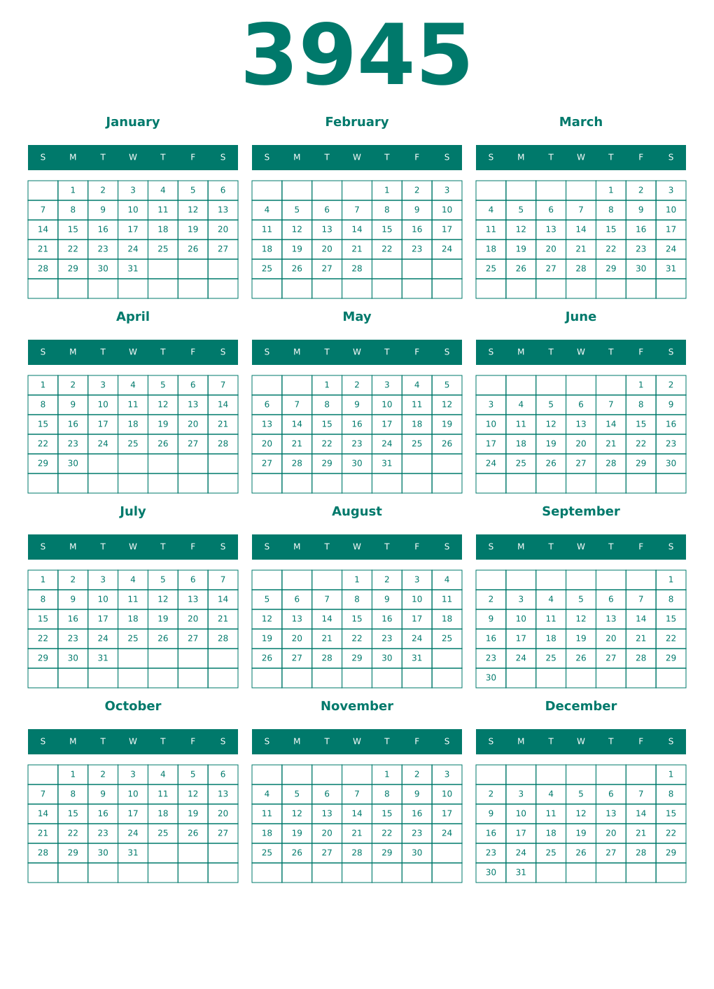 Printable 3945 Year Calendars pastel