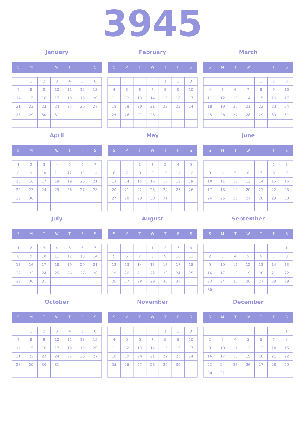 Printable 3945 Year Calendars periwinkle