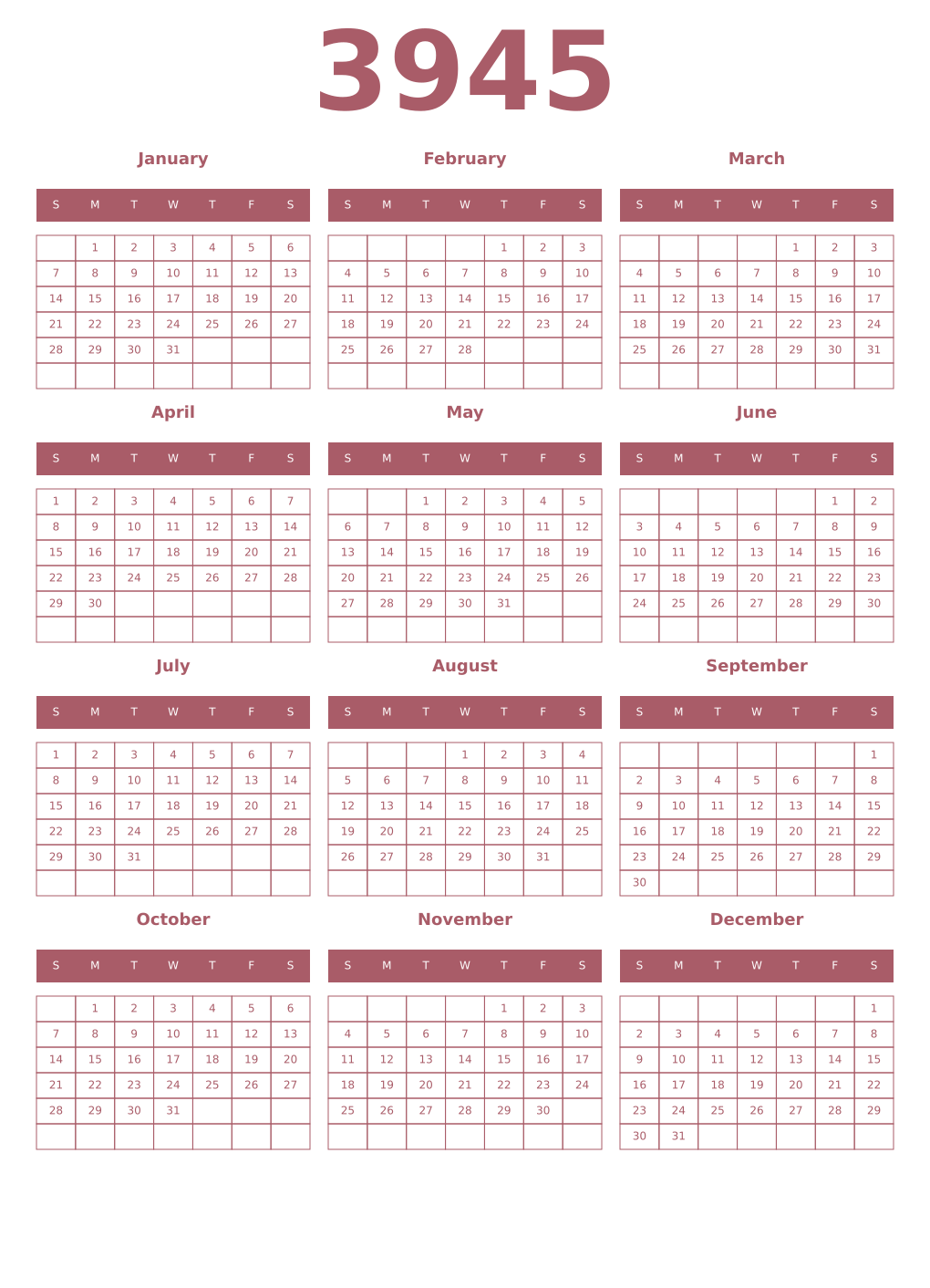Printable 3945 Year Calendars puce