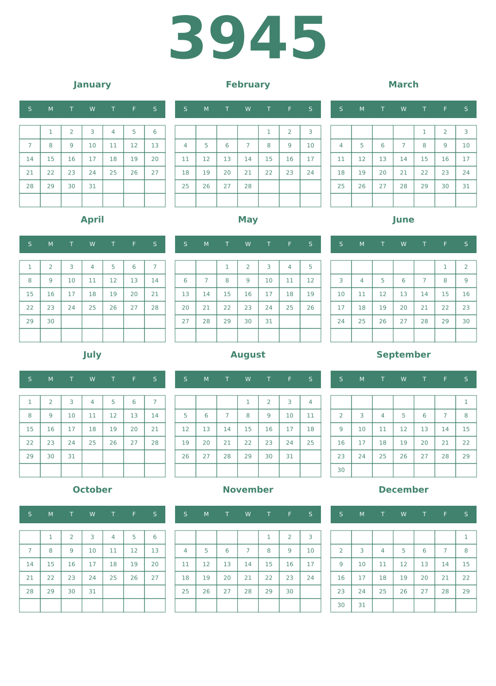 Printable 3945 Year Calendars viridian