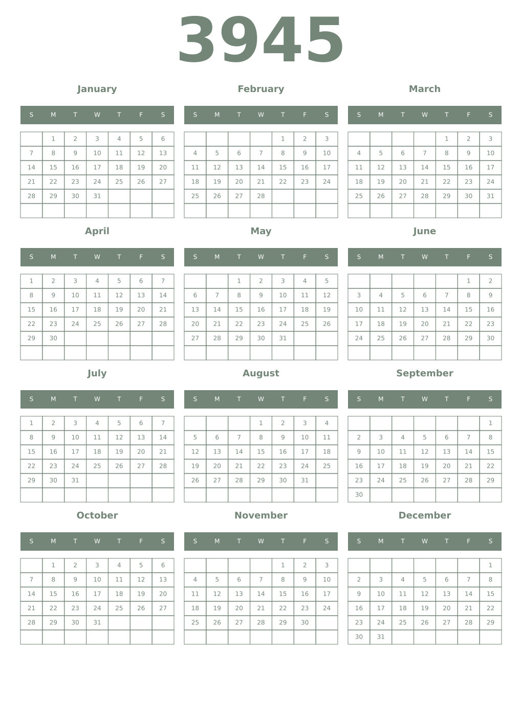 Printable 3945 Year Calendars xanadu