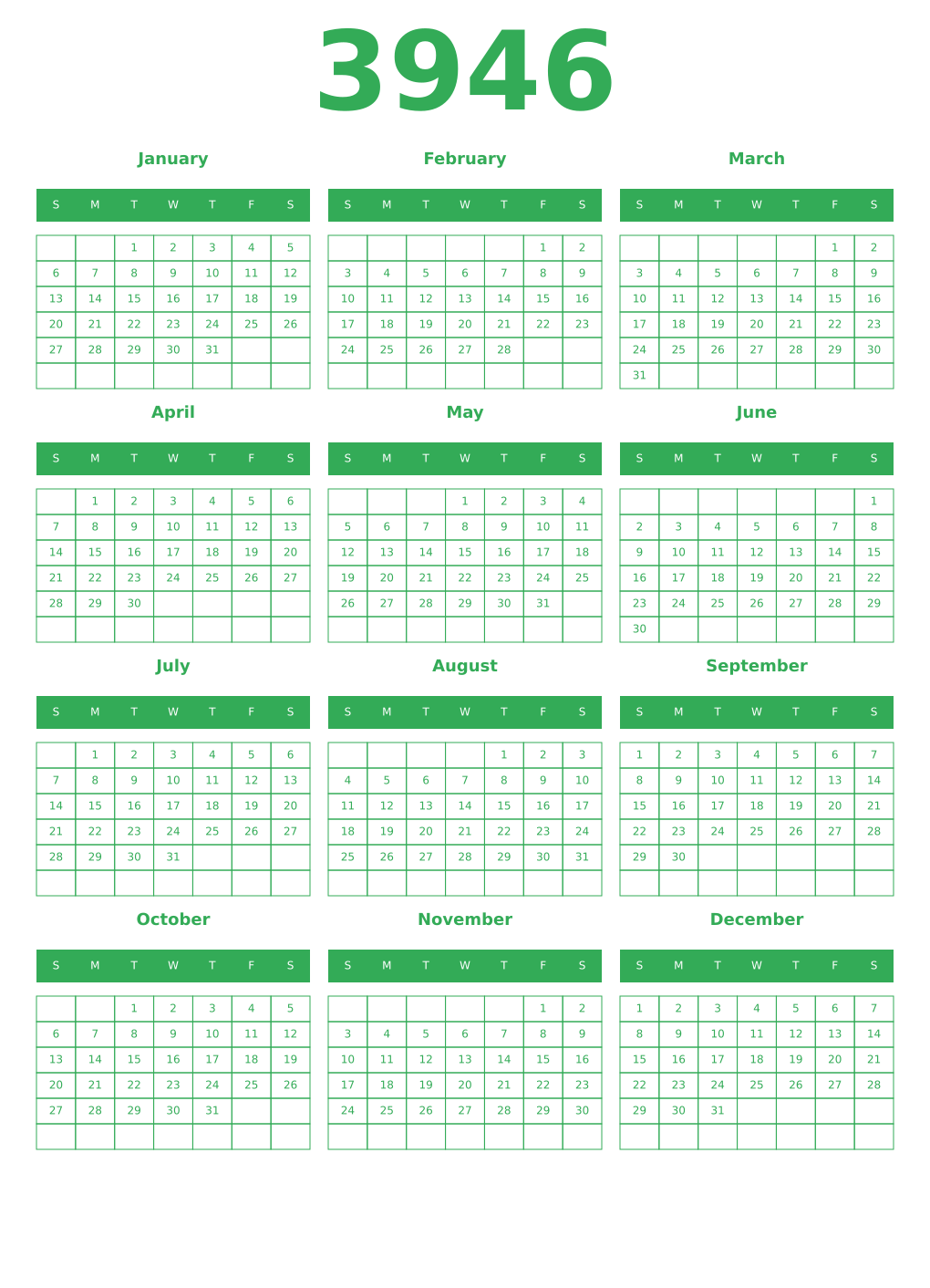 Printable 3946 Year Calendars green