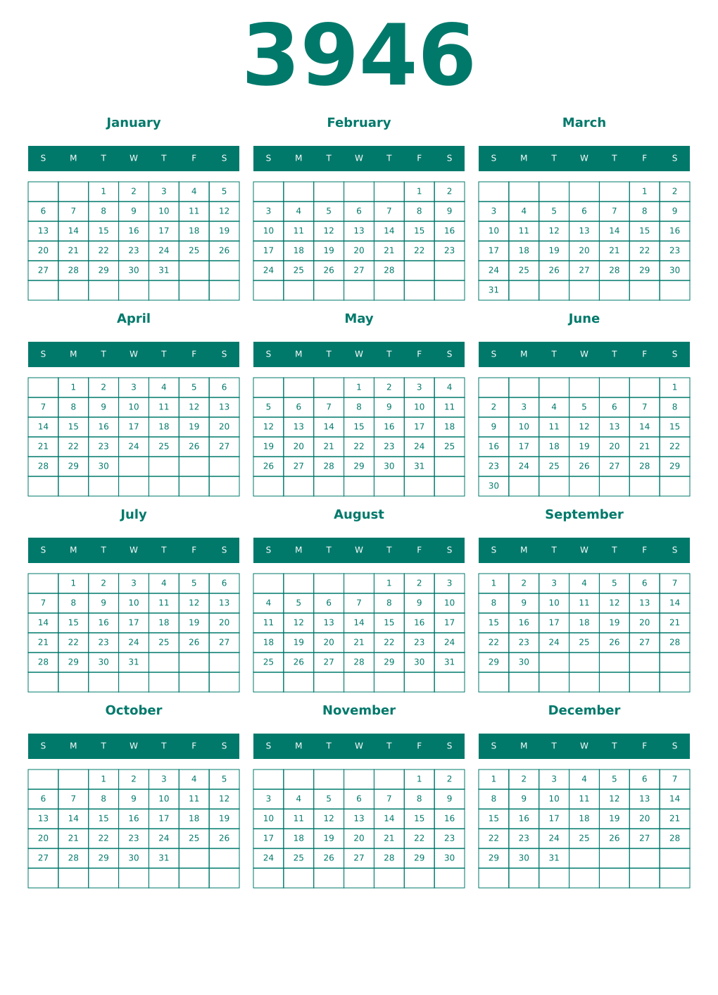 Printable 3946 Year Calendars pastel