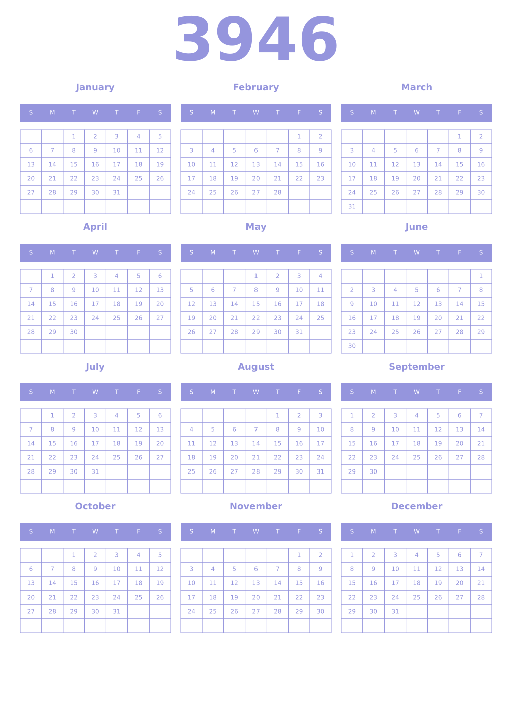 Printable 3946 Year Calendars periwinkle
