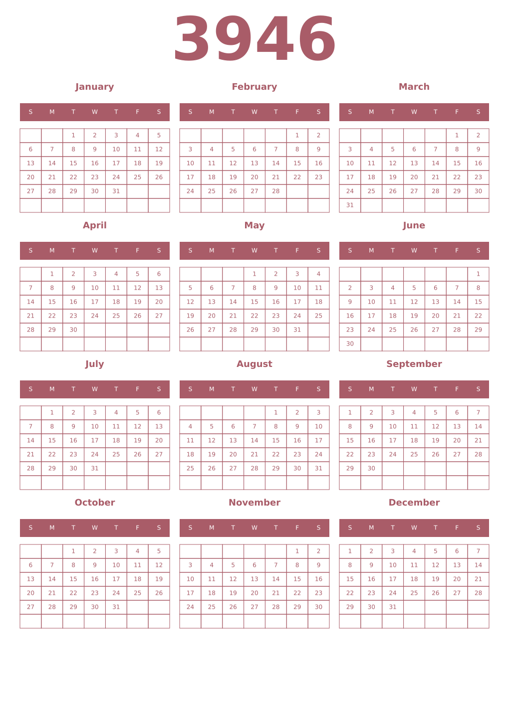 Printable 3946 Year Calendars puce