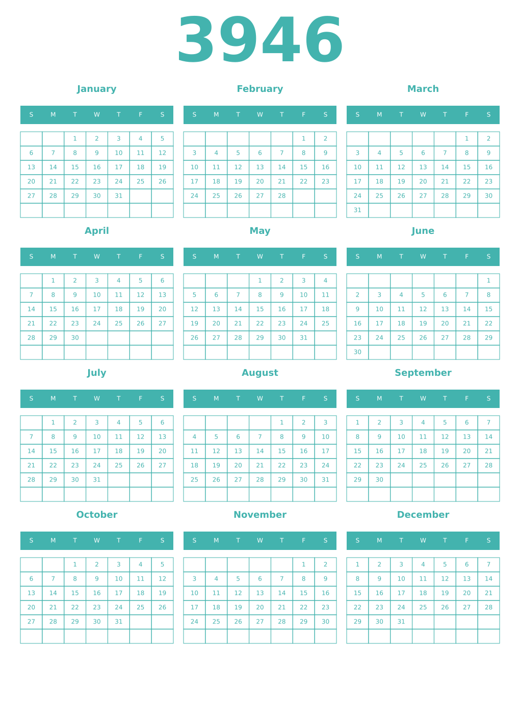 Printable 3946 Year Calendars verdigris