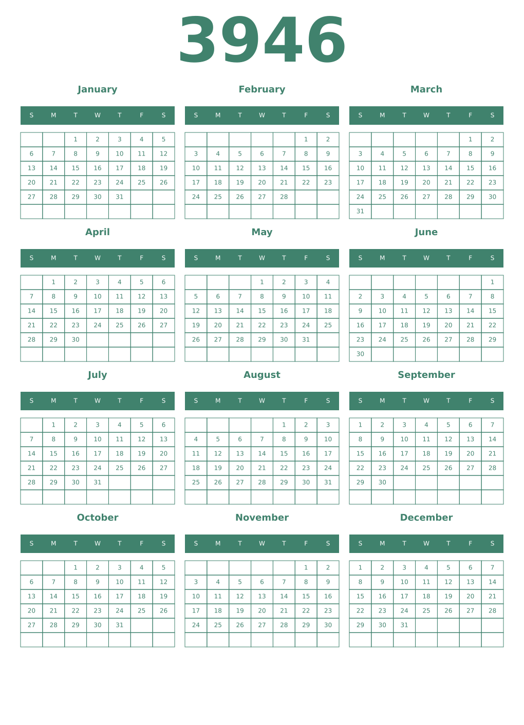 Printable 3946 Year Calendars viridian