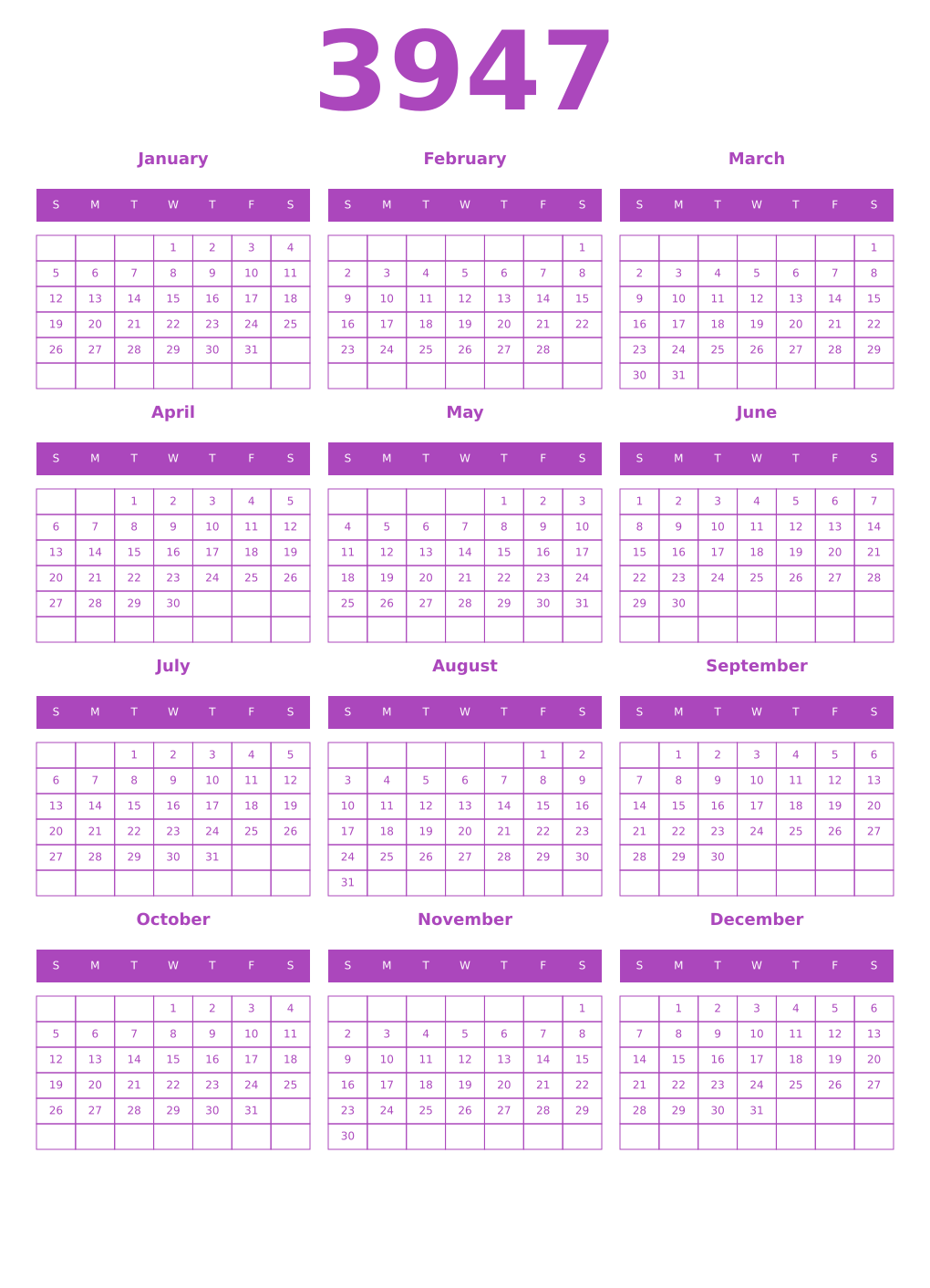 Printable 3947 Calendars