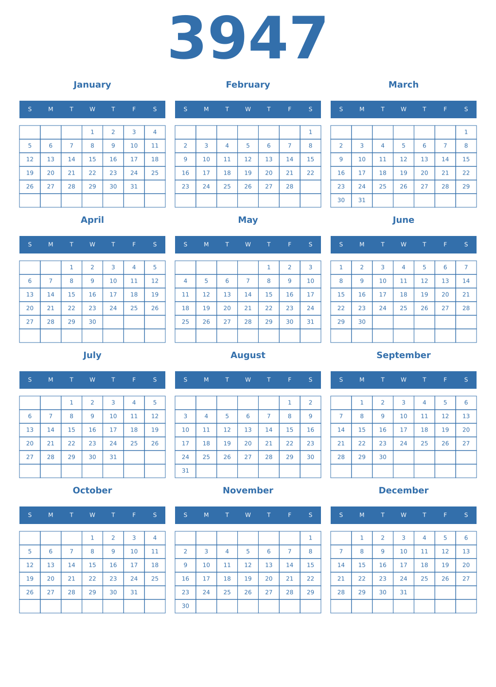 Printable 3947 Year Calendars blue