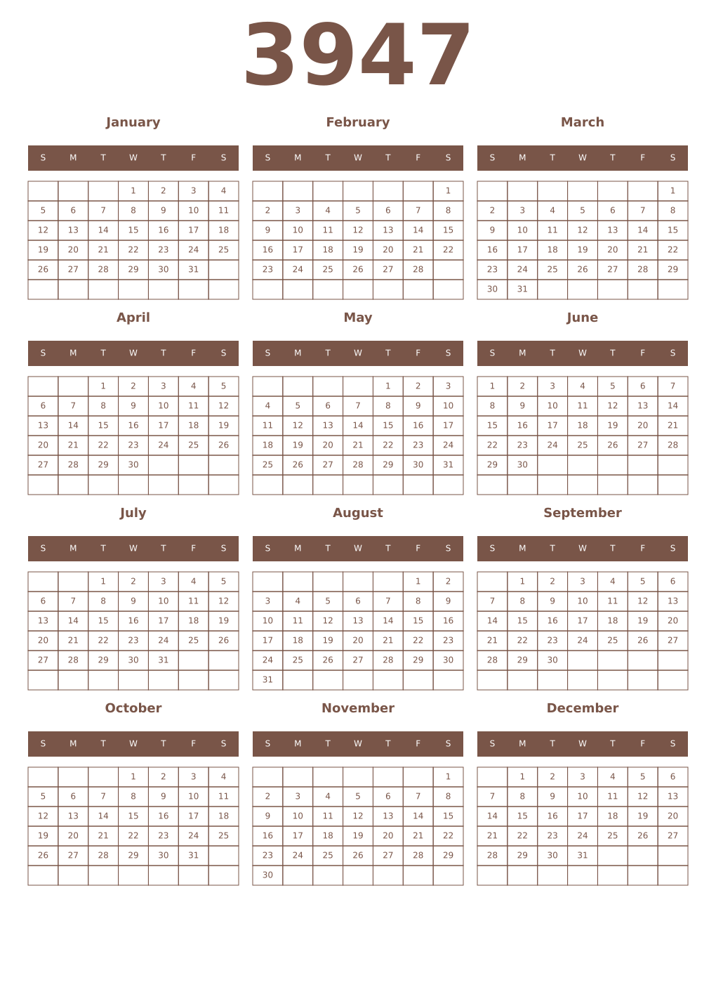 Printable 3947 Year Calendars coffe