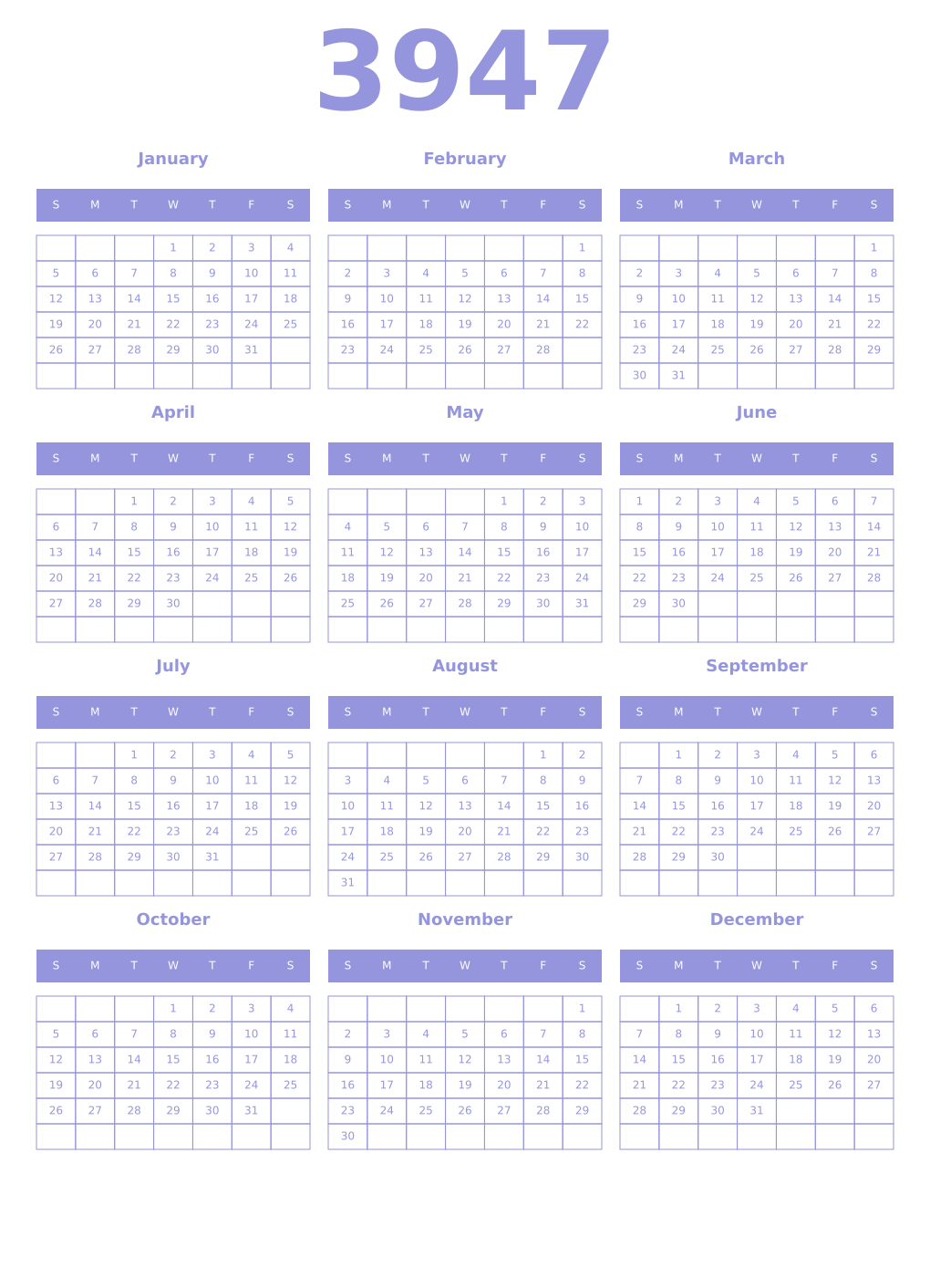 Printable 3947 Year Calendars periwinkle