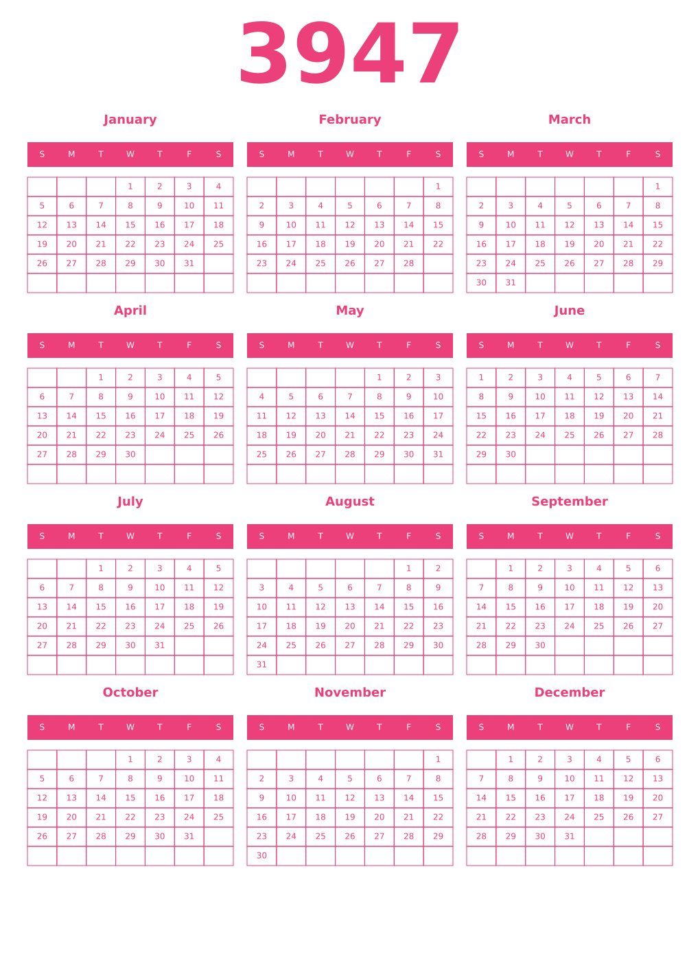 Printable 3947 Year Calendars pink