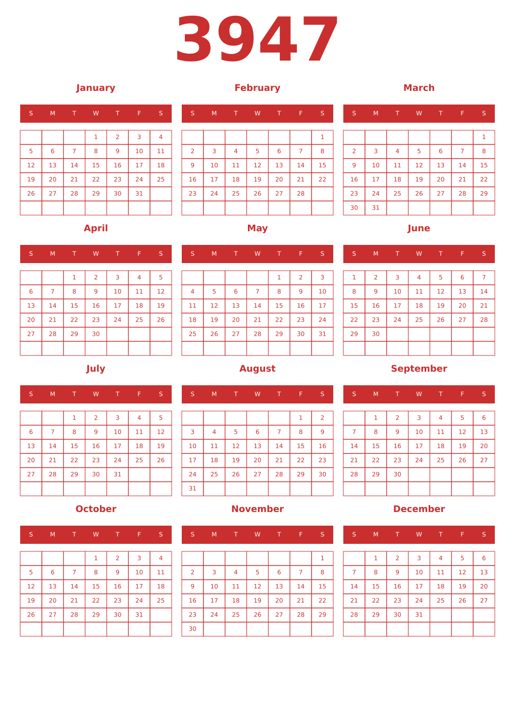 Printable 3947 Year Calendars red