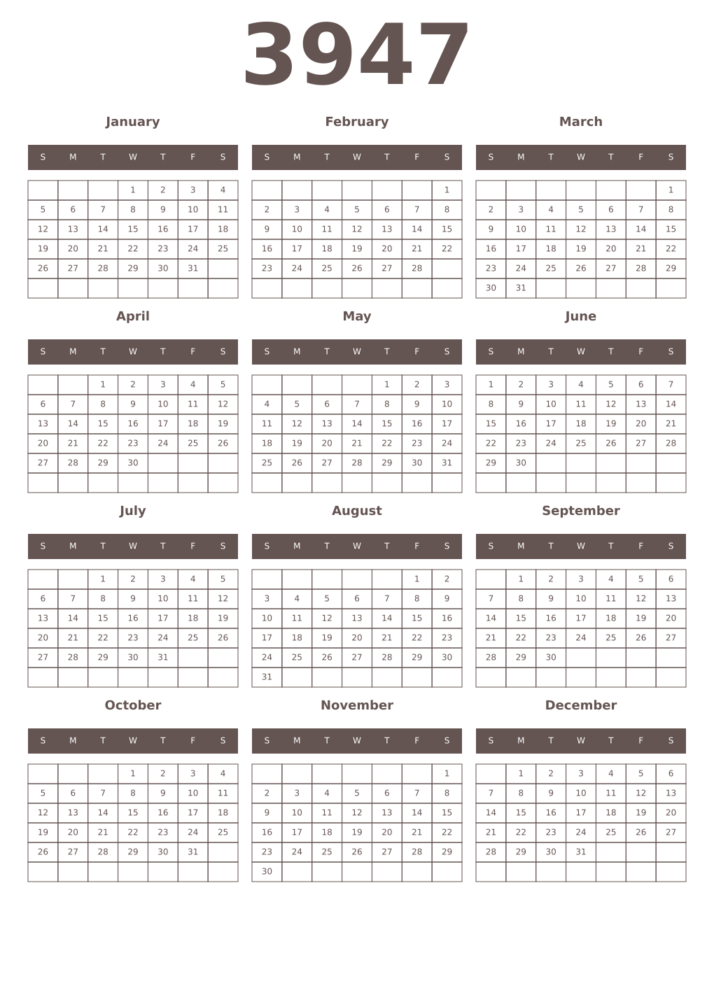 Printable 3947 Year Calendars wenge