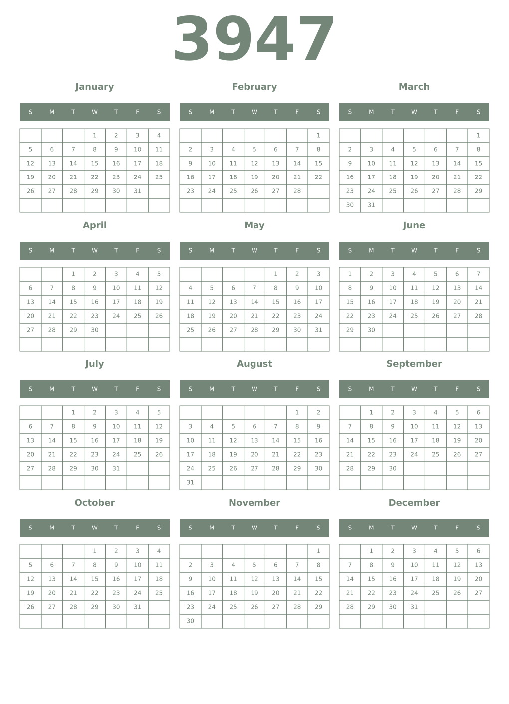Printable 3947 Year Calendars xanadu