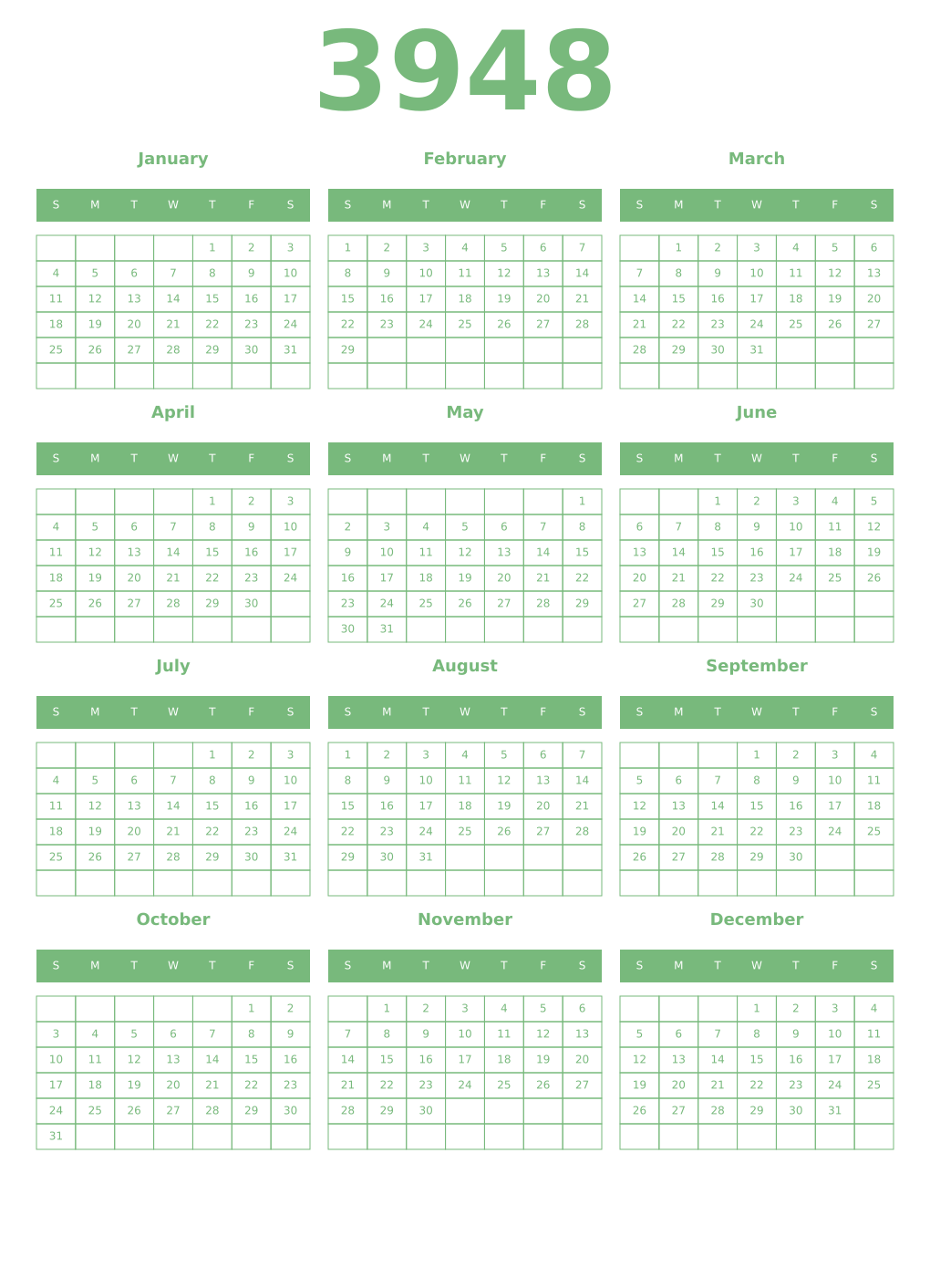 Printable 3948 Year Calendars celadon