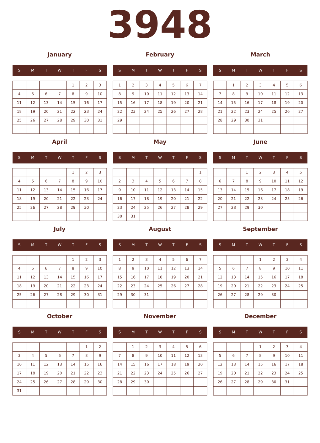 Printable 3948 Year Calendars mortuum