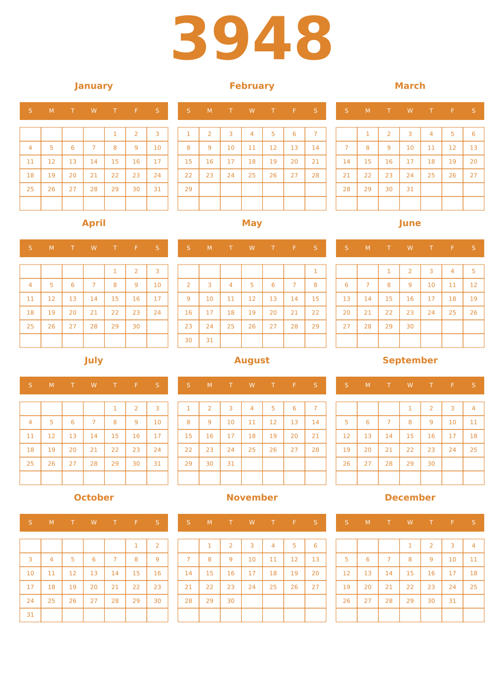 Printable 3948 Year Calendars orange