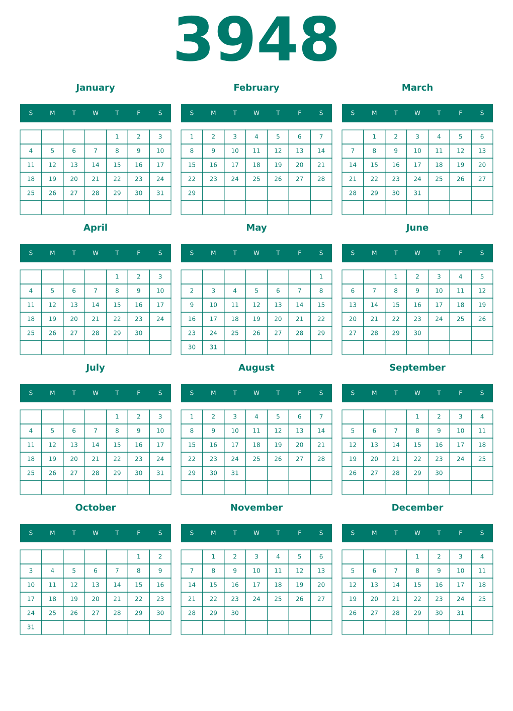 Printable 3948 Year Calendars pastel