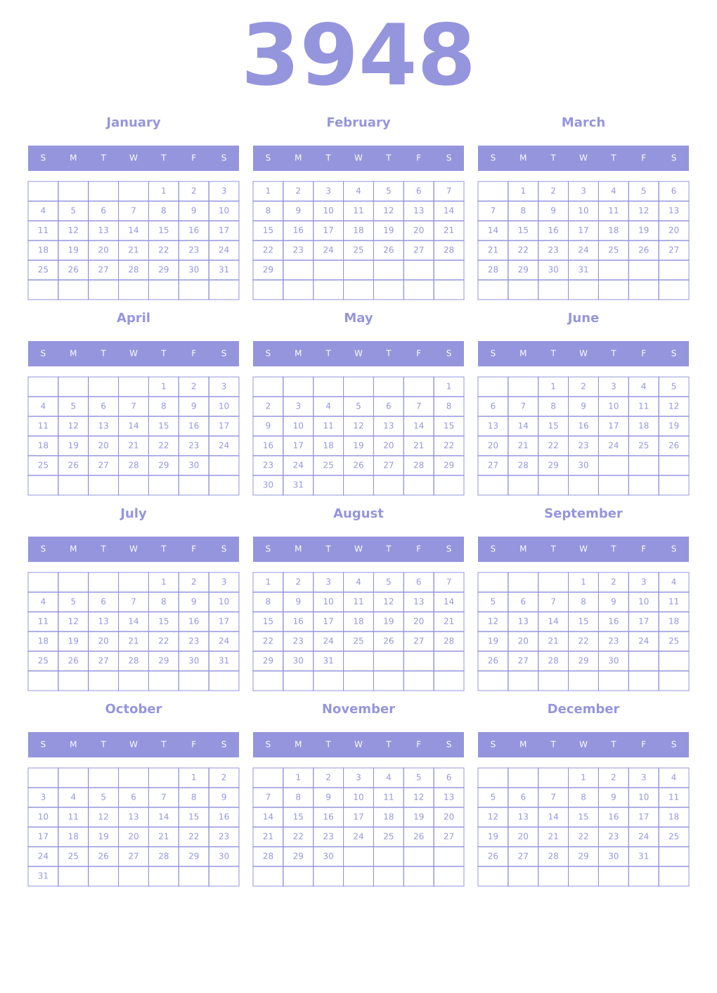 Printable 3948 Year Calendars periwinkle
