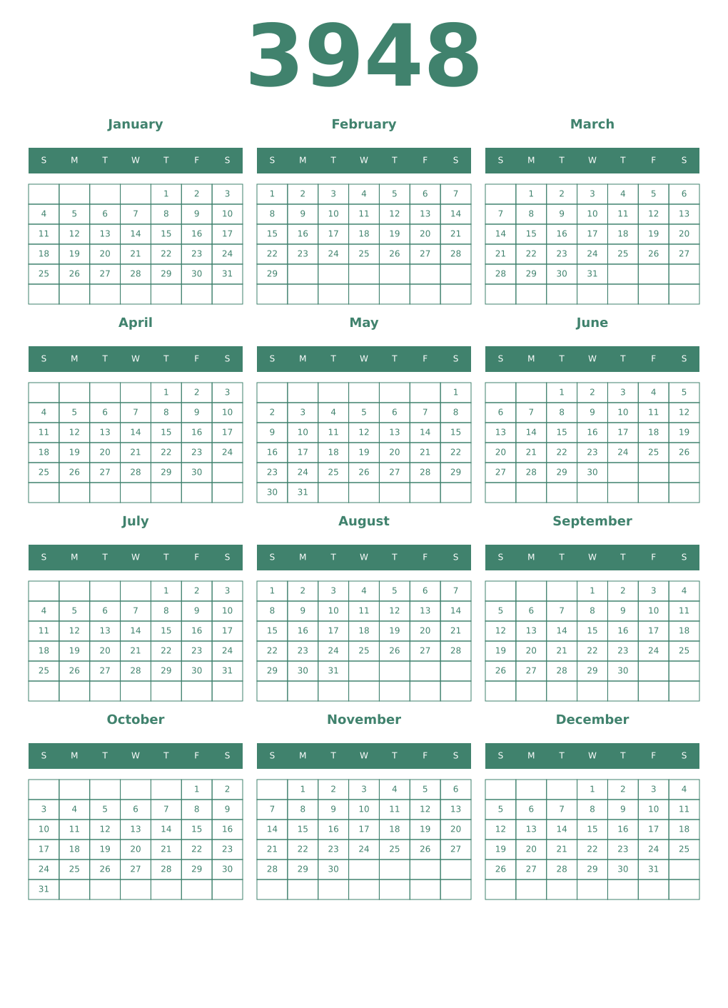 Printable 3948 Year Calendars viridian