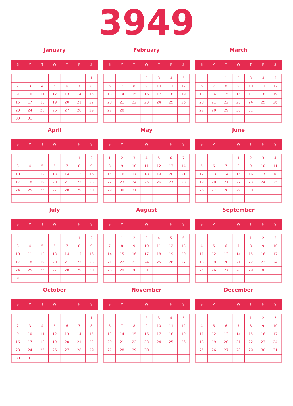 Printable 3949 Year Calendars amaranth
