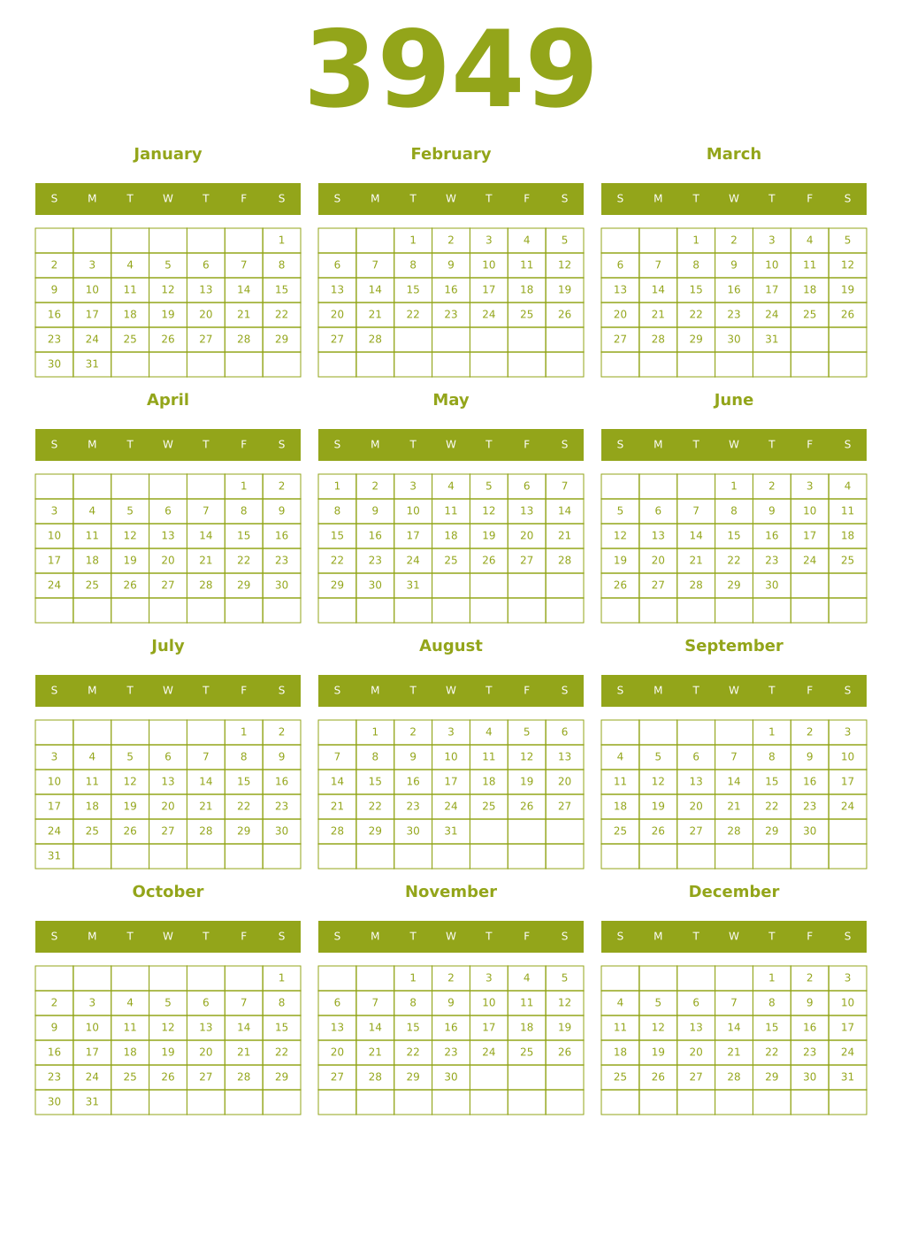 Printable 3949 Year Calendars chartreuse