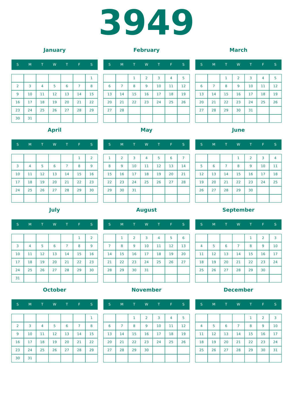 Printable 3949 Year Calendars pastel