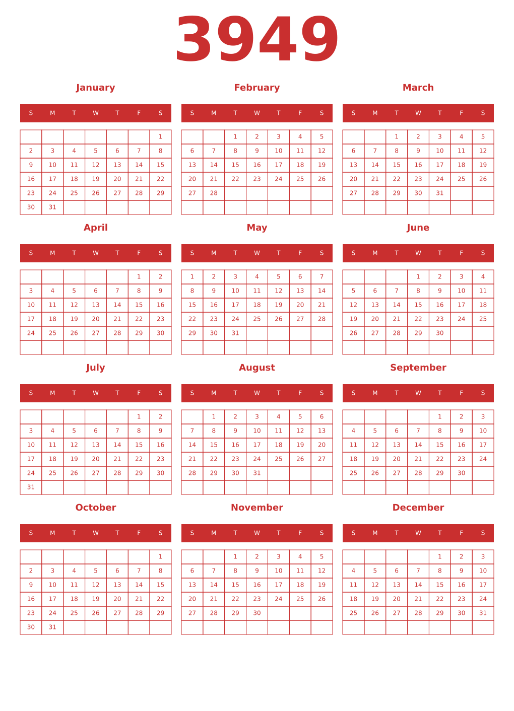 Printable 3949 Year Calendars red