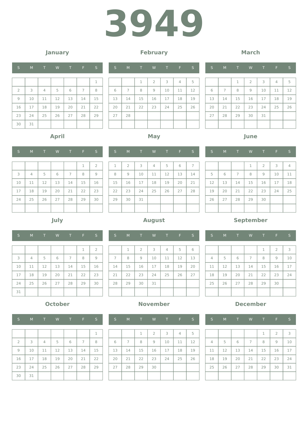 Printable 3949 Year Calendars xanadu