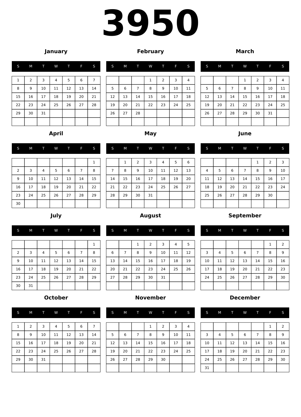Printable 3950 Year Calendars black