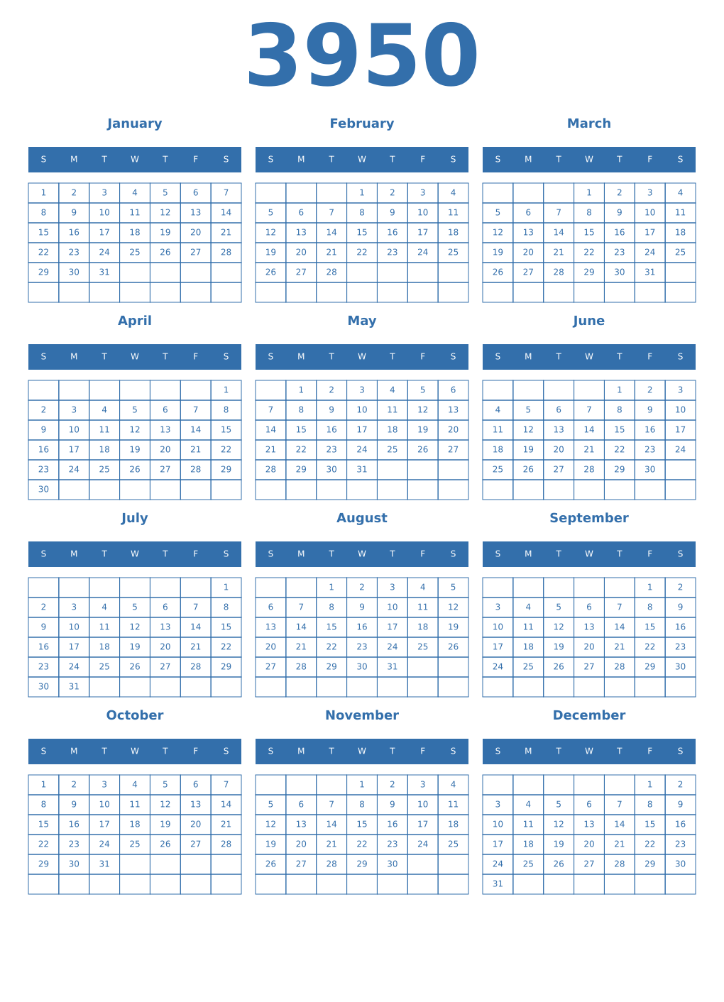 Printable 3950 Year Calendars blue