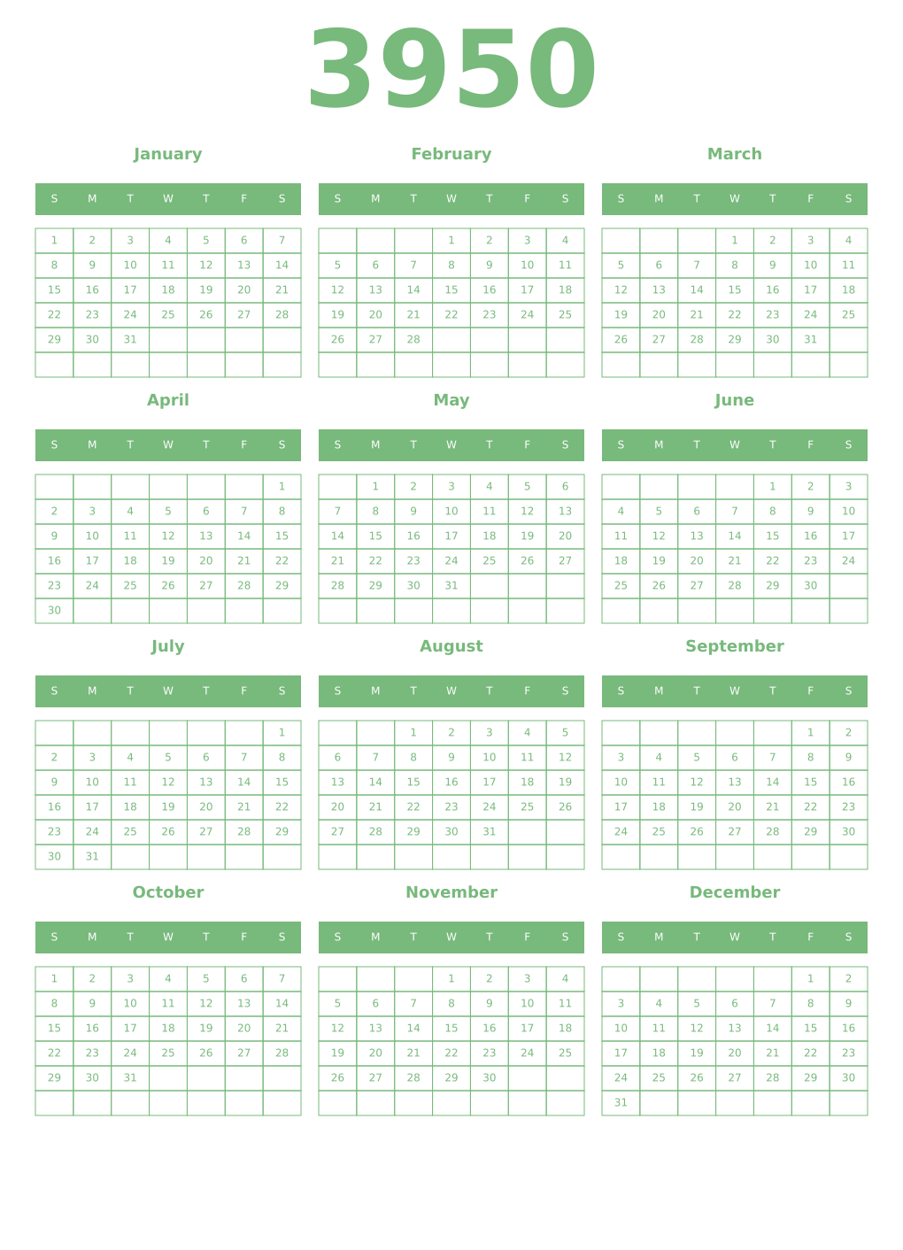 Printable 3950 Year Calendars celadon