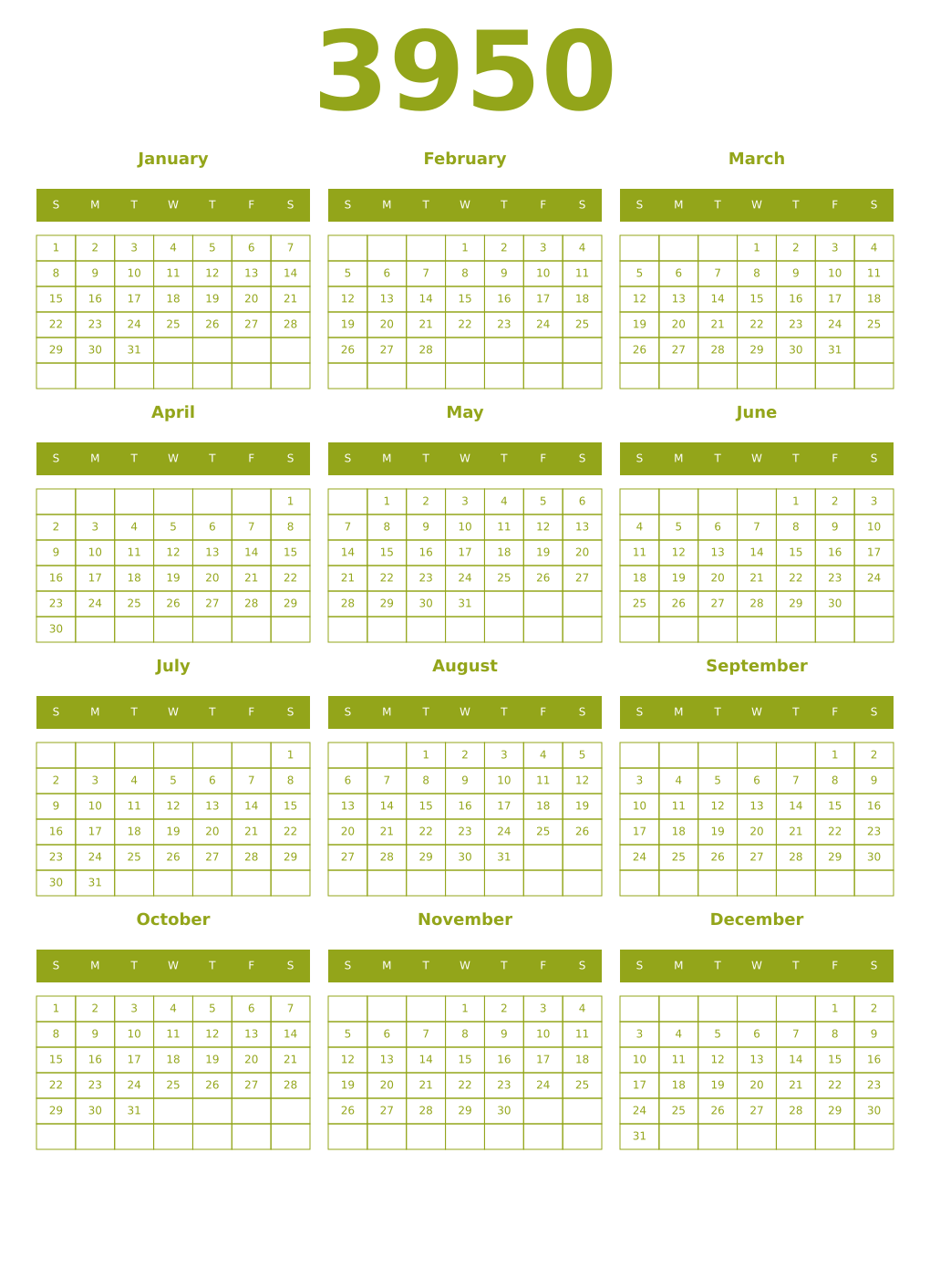 Printable 3950 Year Calendars chartreuse