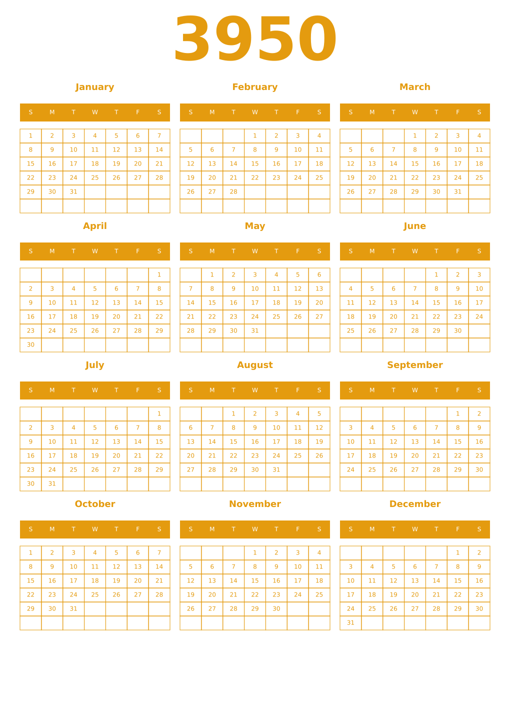 Printable 3950 Year Calendars gamboge