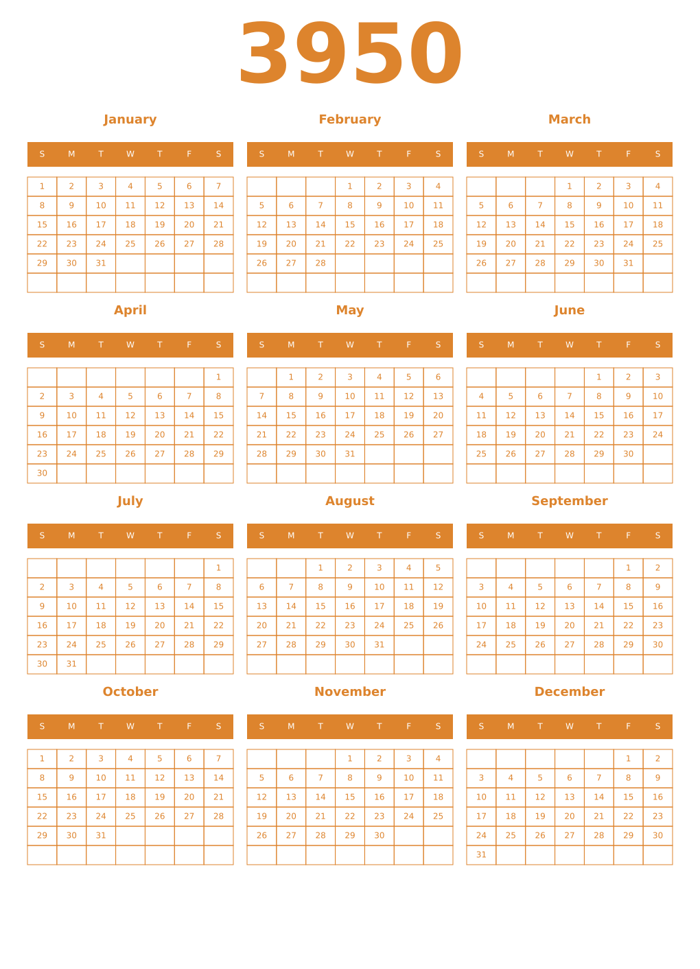 Printable 3950 Year Calendars orange