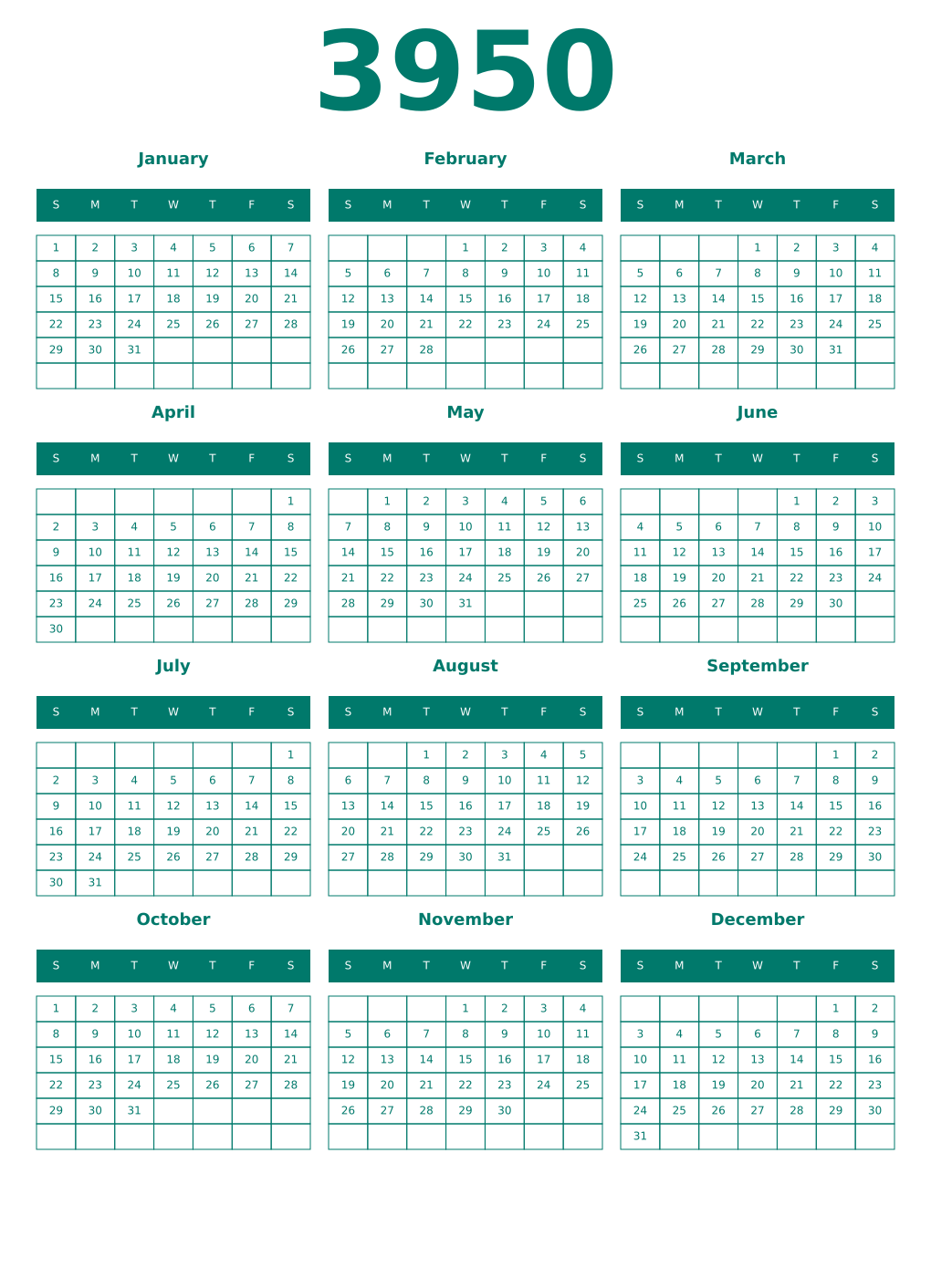 Printable 3950 Year Calendars pastel