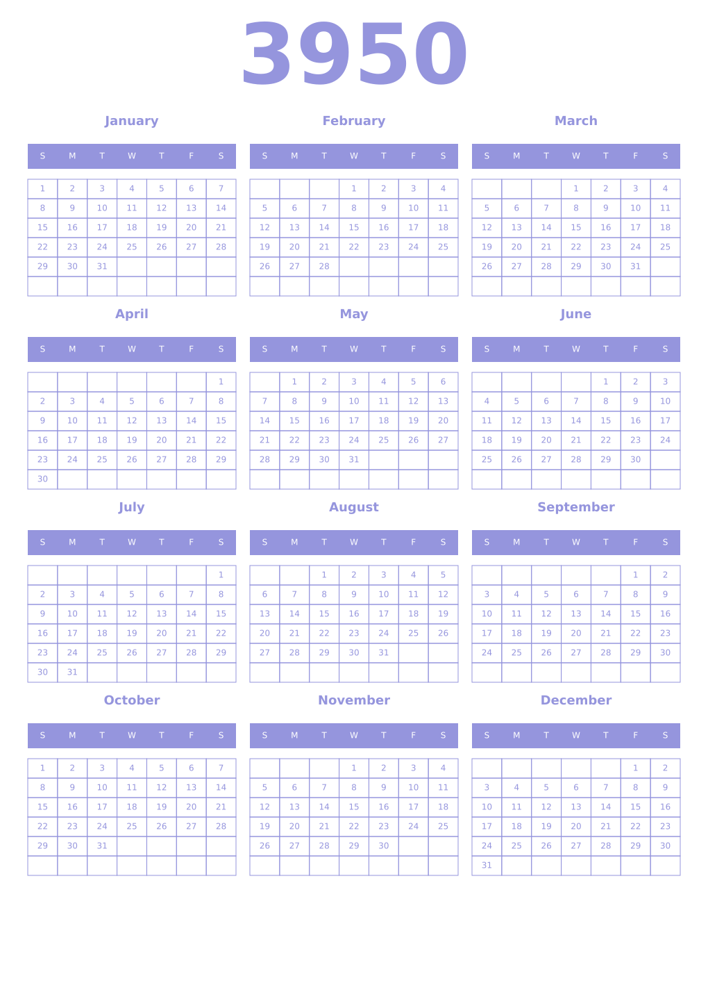 Printable 3950 Year Calendars periwinkle