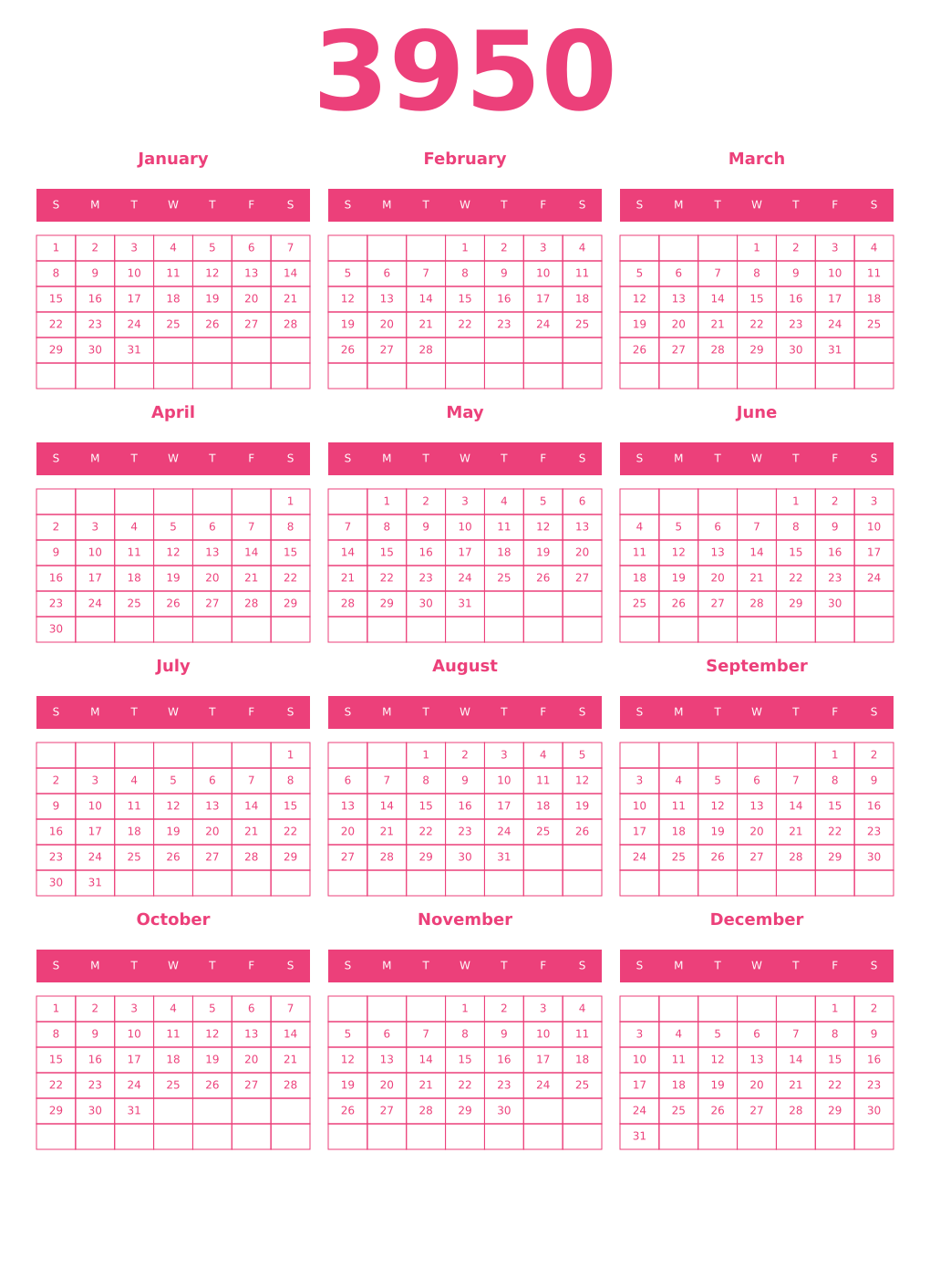 Printable 3950 Year Calendars pink