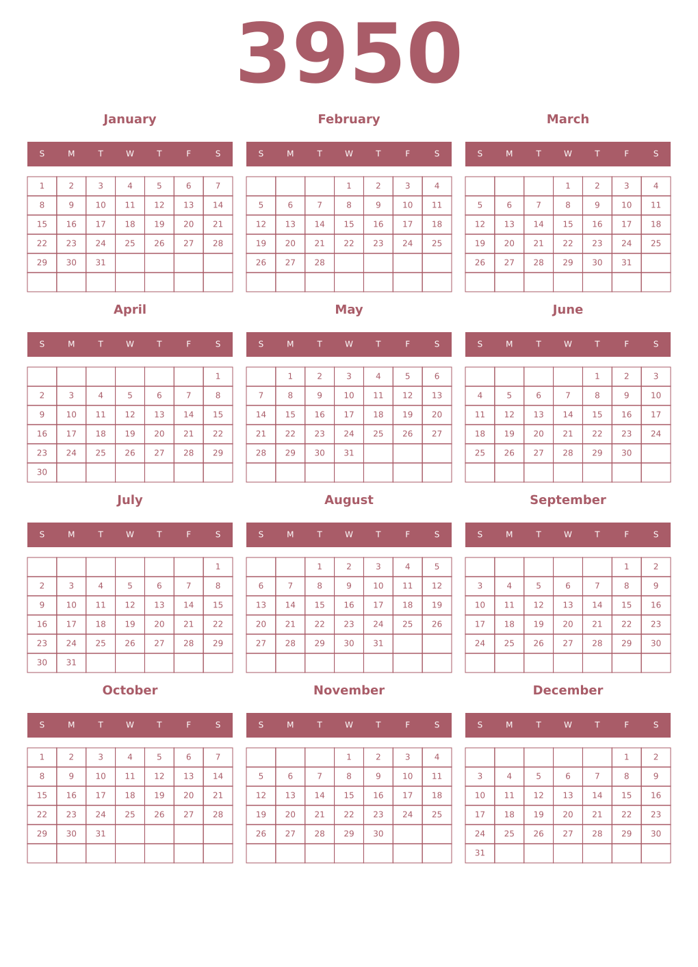 Printable 3950 Year Calendars puce