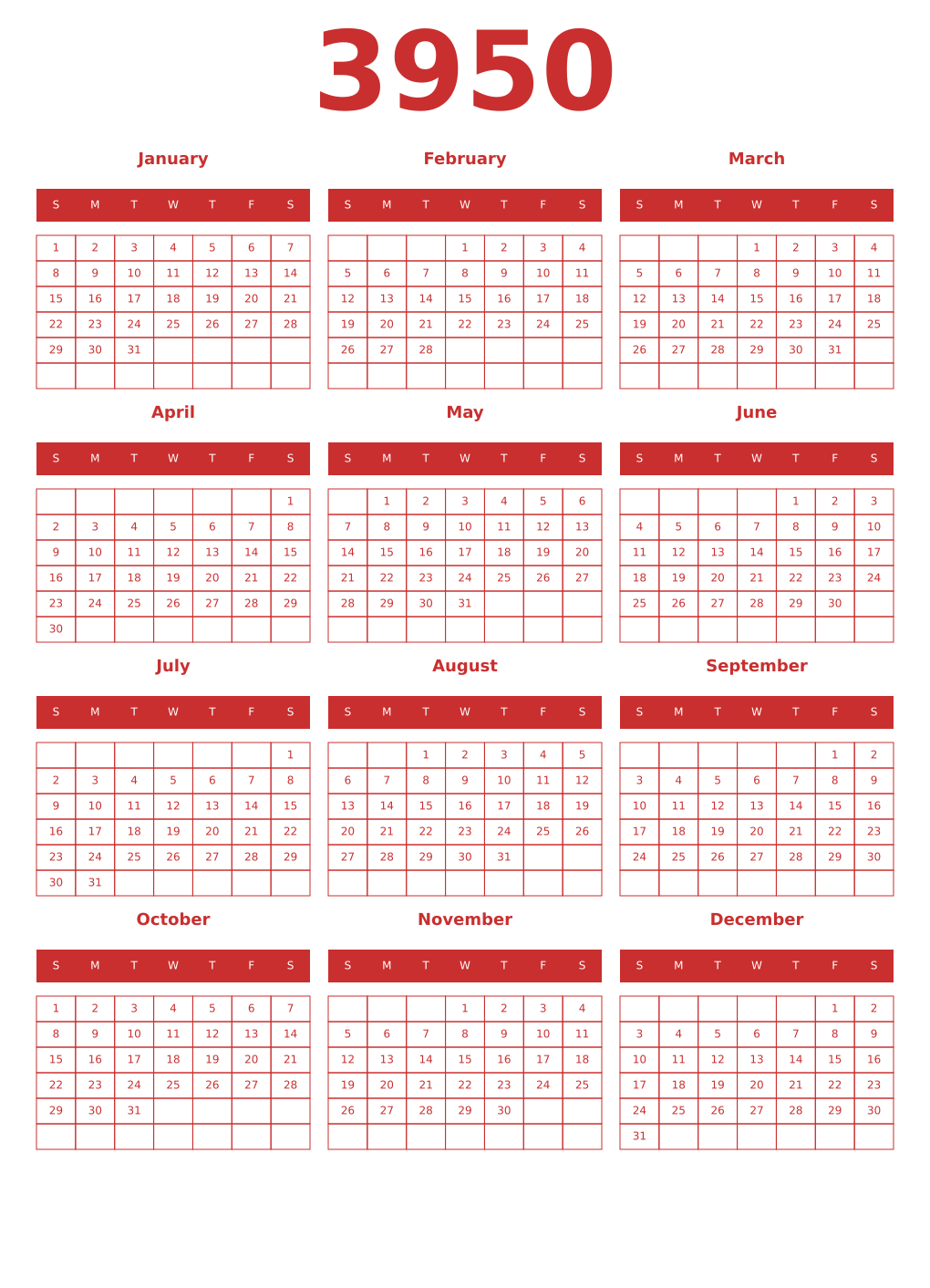 Printable 3950 Year Calendars red