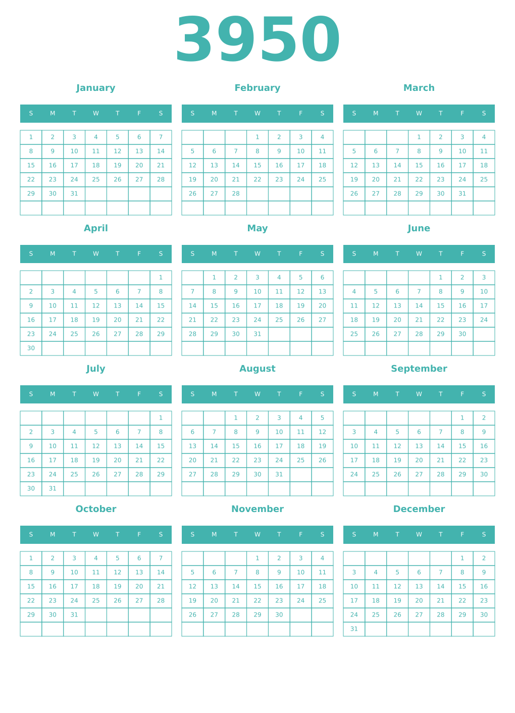 Printable 3950 Year Calendars verdigris