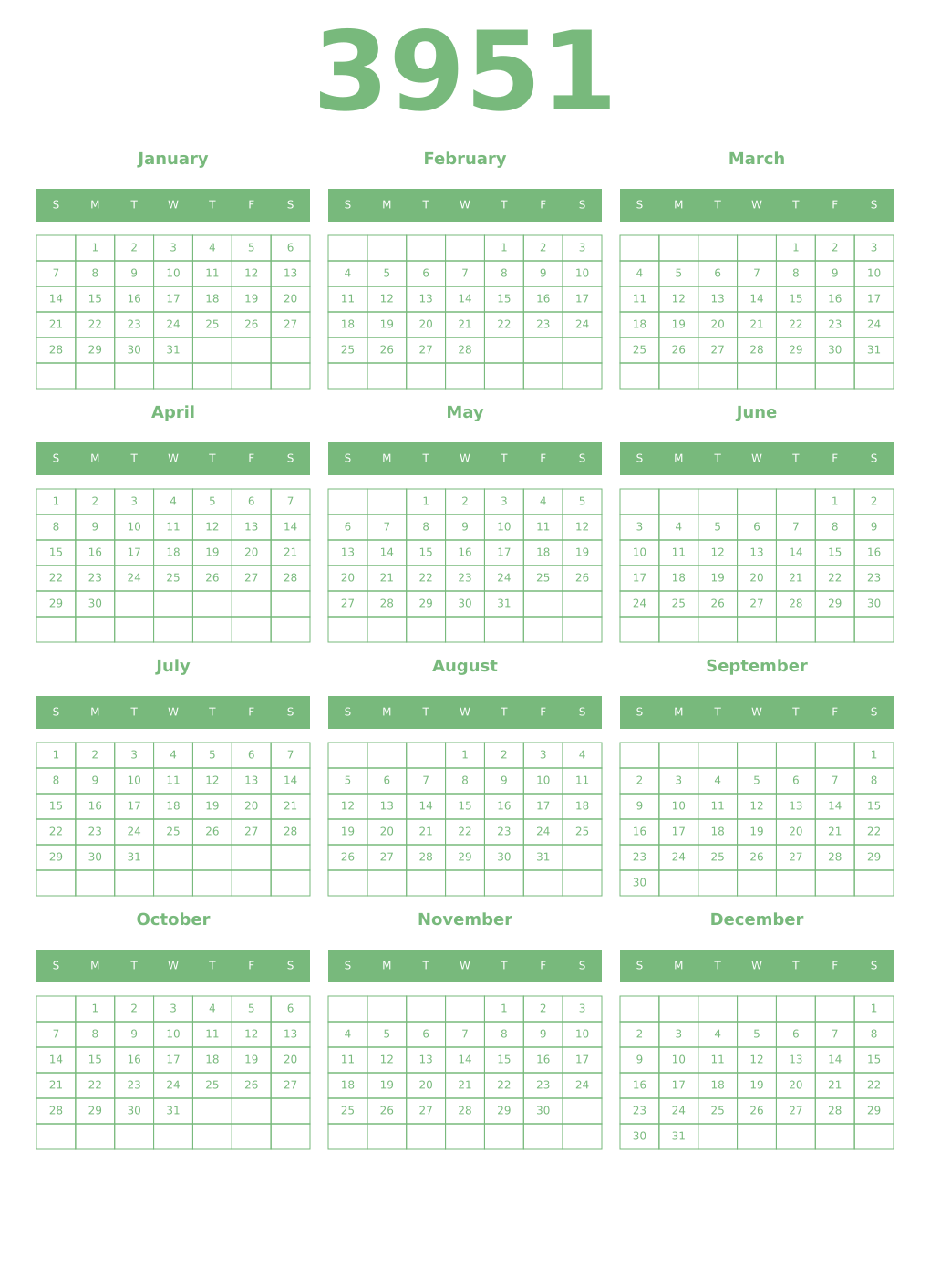 Printable 3951 Year Calendars celadon